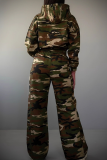 Camouflage Casual Camouflage Print Zipper Hooded Long Sleeve Two Pieces