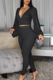 Pink Casual Solid Color Patchwork V Neck Long Sleeve Two Pieces