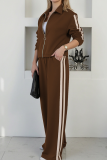 Apricot Casual Stripe Contrast Turndown Collar Long Sleeve Two Pieces