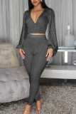 Pink Casual Solid Color Patchwork V Neck Long Sleeve Two Pieces