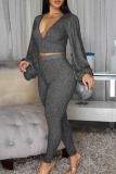 Pink Casual Solid Color Patchwork V Neck Long Sleeve Two Pieces