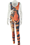 Orange Sexy Print Hollow Out Spaghetti Strap Skinny Jumpsuits