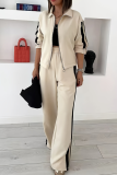 Apricot Casual Stripe Contrast Turndown Collar Long Sleeve Two Pieces