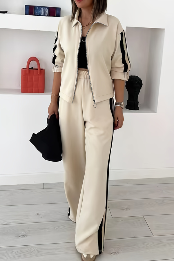 Apricot Casual Stripe Contrast Turndown Collar Long Sleeve Two Pieces