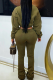 Army Green Casual Solid Color Zipper Zipper Collar Long Sleeve Two Pieces