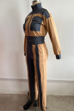 Brown Casual Solid Color Contrast Zipper Collar Long Sleeve Two Pieces