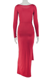 Red Elegant Solid Color Strap Design O Neck Long Dresses