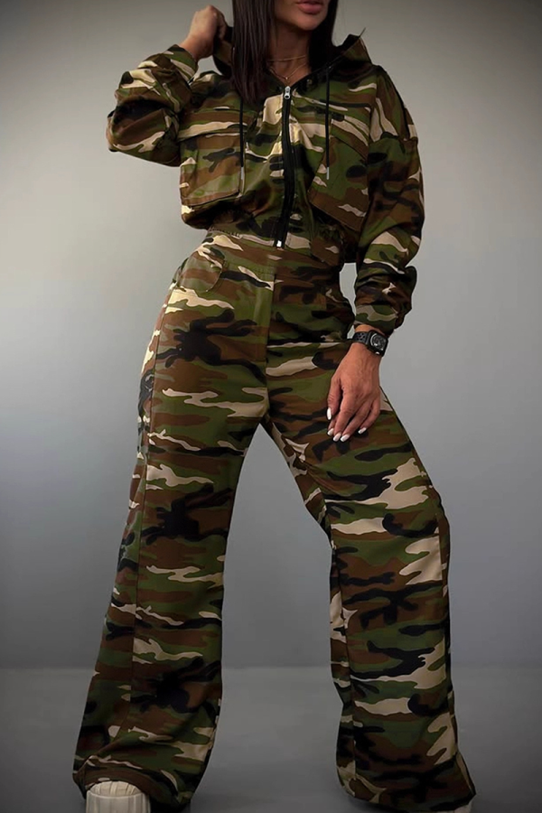 Camouflage Casual Camouflage Print Zipper Hooded Long Sleeve Two Pieces