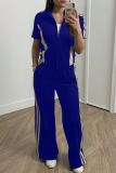 Blue Casual Stripe Contrast Turndown Collar Long Sleeve Two Pieces