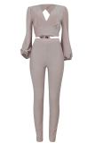 Pink Casual Solid Color Patchwork V Neck Long Sleeve Two Pieces
