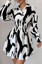 White Casual Print Buckle Turndown Collar Shirt Dresses