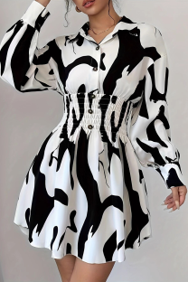 White Casual Print Buckle Turndown Collar Shirt Dresses