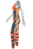 Orange Sexy Print Hollow Out Spaghetti Strap Skinny Jumpsuits