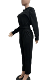Black Casual Solid Color Patchwork Hooded Long Sleeve Two Pieces