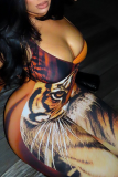 Orange Sexy Print Hollow Out Spaghetti Strap Skinny Jumpsuits