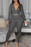 Pink Casual Solid Color Patchwork V Neck Long Sleeve Two Pieces