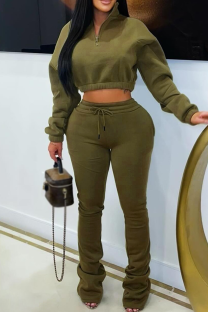 Army Green Casual Solid Color Zipper Zipper Collar Long Sleeve Two Pieces
