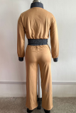 Brown Casual Solid Color Contrast Zipper Collar Long Sleeve Two Pieces