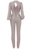 Pink Casual Solid Color Patchwork V Neck Long Sleeve Two Pieces
