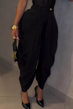 Apricot High Waisted Pleated Wide-Leg Pants Metal Clasp Loose Cuffed Trousers