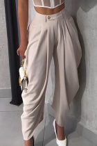 Apricot High Waisted Pleated Wide-Leg Pants Metal Clasp Loose Cuffed Trousers