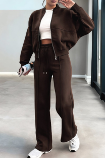 Brown Women's Brown Oversized Bomber Jacket and Wide Leg Pants 2 Piece Casual Tracksuit