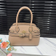 Khaki Textured Emblem Tote Bag Buckle Accent Shoulder Purse