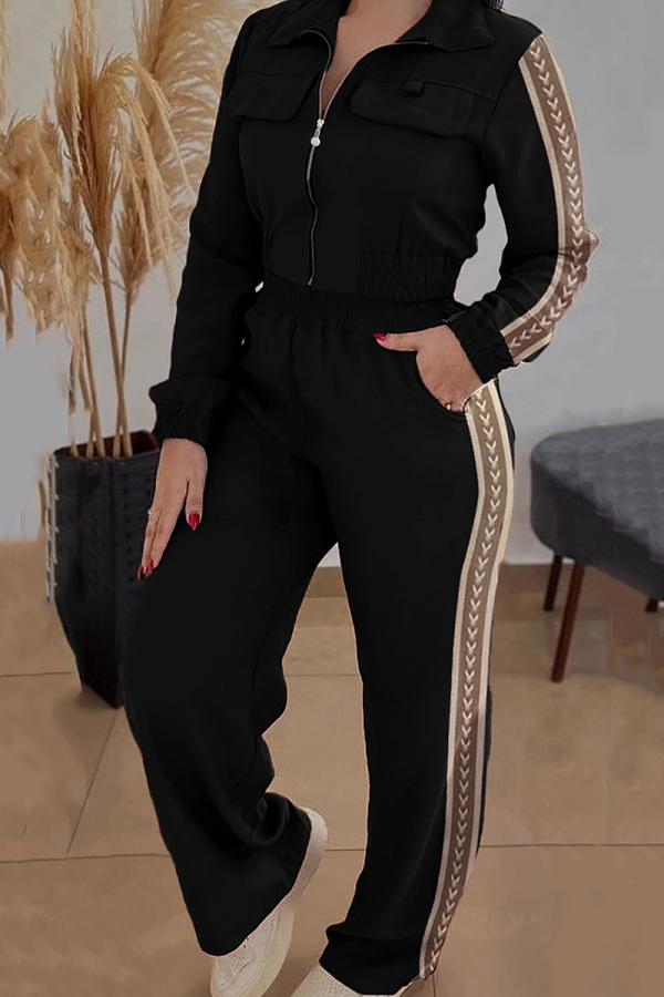 Black Casual Solid Color Webbing Zipper Collar Long Sleeve Two Pieces