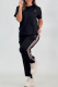 Black Women's Retro Jacquard 2 Piece Tracksuit Short Sleeve Top and Jogger Pants