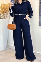 Tibetan Blue Casual Solid Color Contrast Shirt Collar Long Sleeve Two Pieces