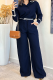 Tibetan Blue Casual Solid Color Contrast Shirt Collar Long Sleeve Two Pieces