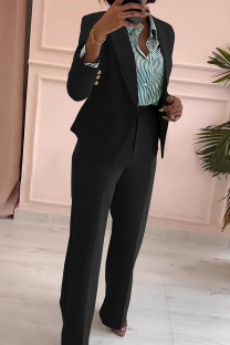 Black Business Wear Office lady Solid Color Patchwork Turn-back Collar Long Sleeve Two Pieces