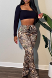 Dark Brown American Street Camo Flare Pants - Elastic Waist Drawstring Y2K Casual Joggers