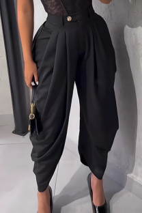 Black High Waisted Pleated Wide-Leg Pants Metal Clasp Loose Cuffed Trousers