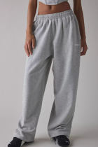 Grey Women's Embroidered Loose Straight Leg Pants Casual Trendy Versatile Commute Sport Trousers