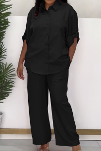 Black Casual Solid Color Buckle Shirt Collar Half Sleeve Two Pieces