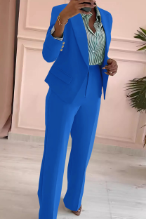 Blue Business Wear Office lady Solid Color Patchwork Turn-back Collar Long Sleeve Two Pieces