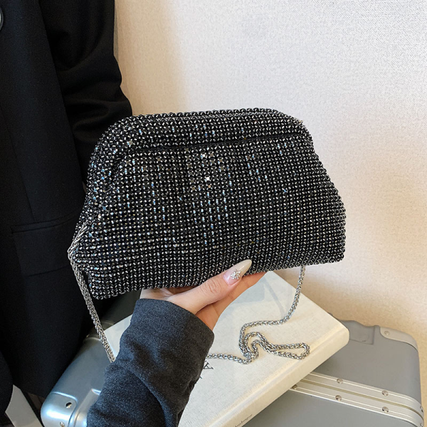 Black Rhinestone Ruched Bag Chain Strap Crossbody Clutch