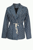 Blue Casual Stripe Strap Design Turn-back Collar Outerwear