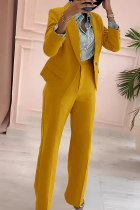 Yellow Business Wear Office lady Solid Color Patchwork Turn-back Collar Long Sleeve Two Pieces