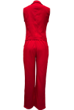 Red Formal Office lady Solid Color Buckle Turndown Collar Sleeveless Two Pieces