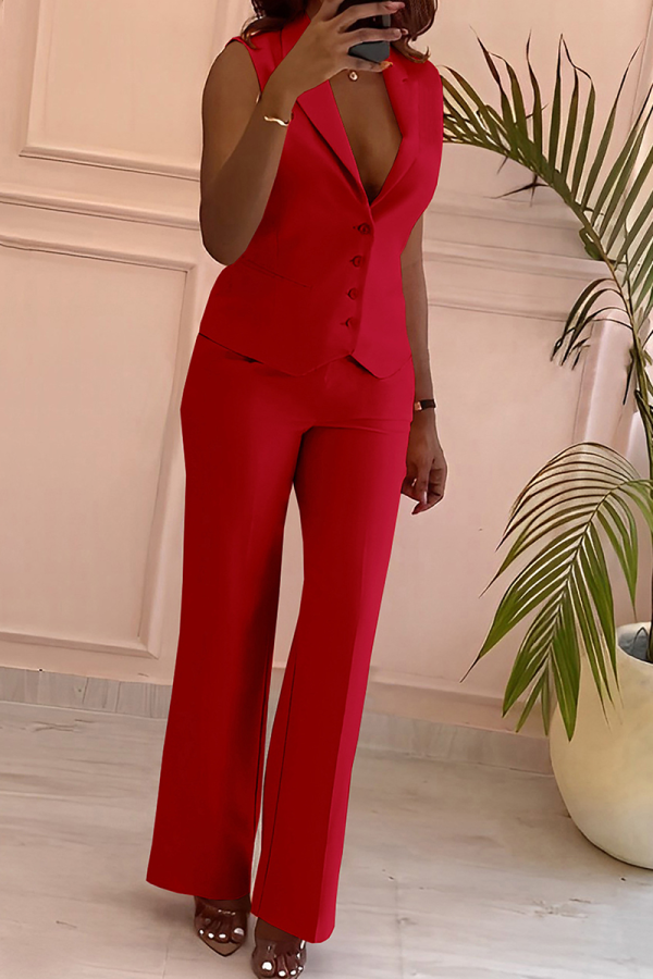 Red Formal Office lady Solid Color Buckle Turndown Collar Sleeveless Two Pieces