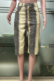 Deep Coffee Snake Print High Waisted Wide Leg Shorts Button Detail Loose Casual Pants