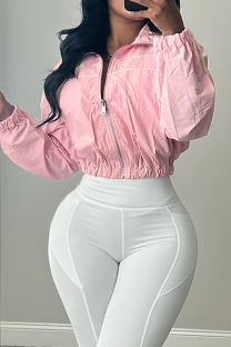 Pink Casual Solid Color Zipper Turndown Collar Outerwear