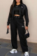 Black Women's Black Cool 3 Piece Tracksuit Cropped Hoodie Top Wide Leg Pants Set
