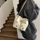 Red Quilted Embellished Bucket Bag Drawstring Chain Crossbody