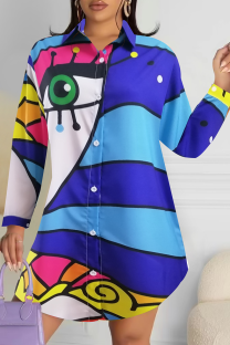 Blue Pop Art Oversized Shirt Graphic Print Long Sleeve Casual Top