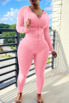 Pink Casual Solid Color Zipper Hooded Long Sleeve Two Pieces