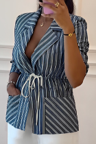 Blue Casual Stripe Strap Design Turn-back Collar Outerwear