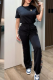 Black Casual Print Contrast O Neck Short Sleeve Two Pieces